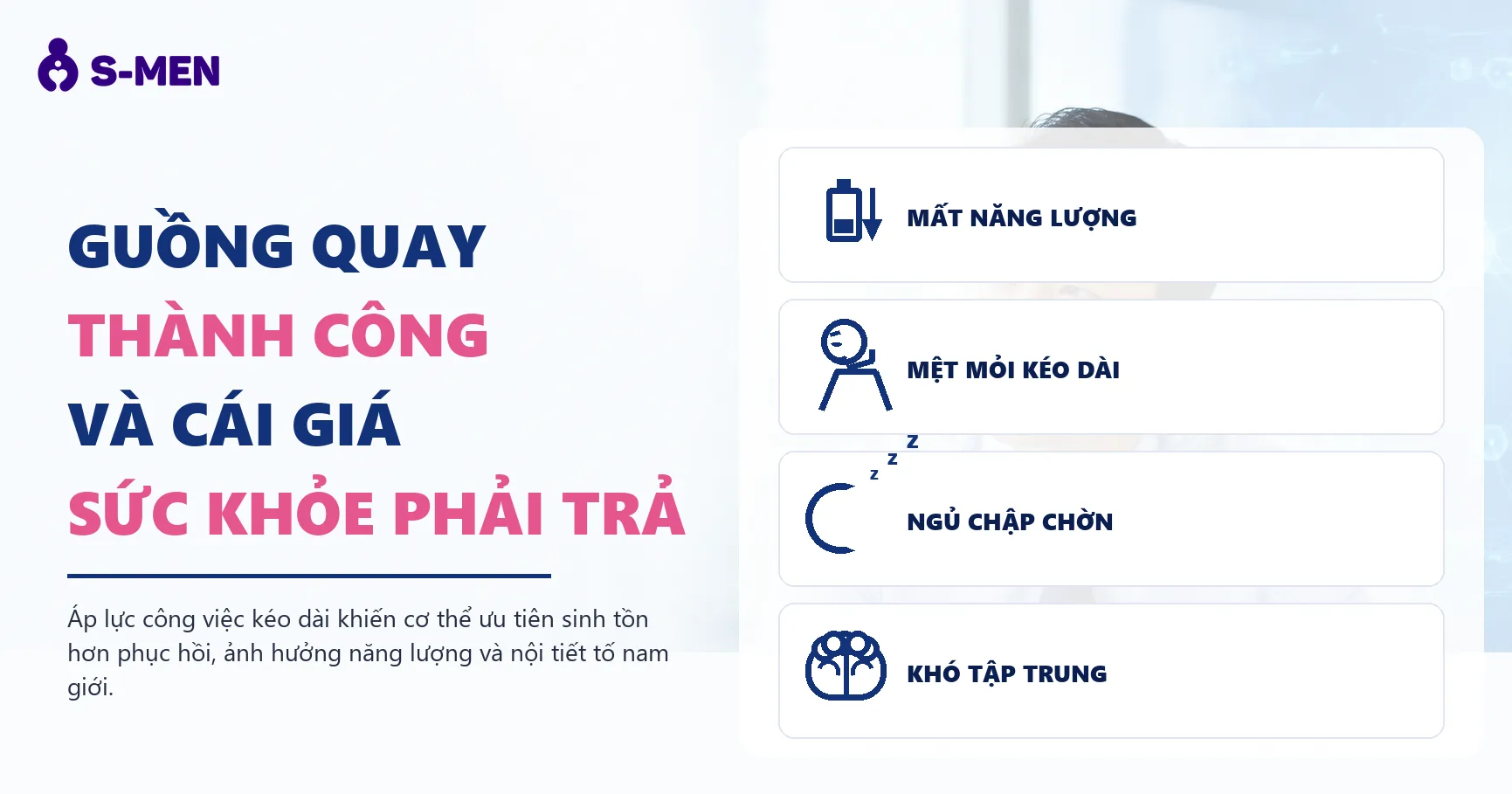 Người đàn ông mệt mỏi bên bàn làm việc, đồ hoạ nội tiết tố mờ phía sau