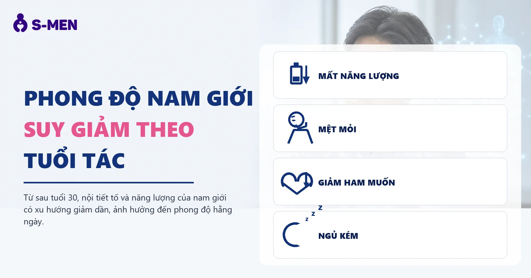 Người đàn ông mệt mỏi bên bàn làm việc, đồ hoạ nội tiết tố mờ phía sau