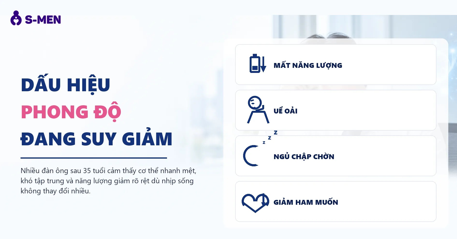 Người đàn ông mệt mỏi tại bàn làm việc, đồ hoạ testosterone mờ nhạt
