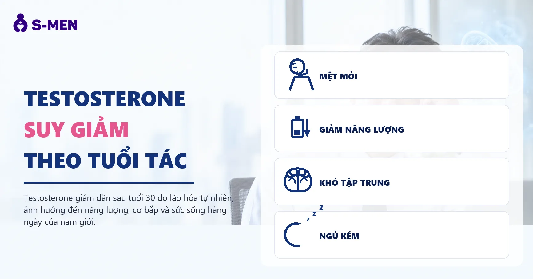Người đàn ông mệt mỏi bên bàn làm việc, đồ họa ty thể mờ
