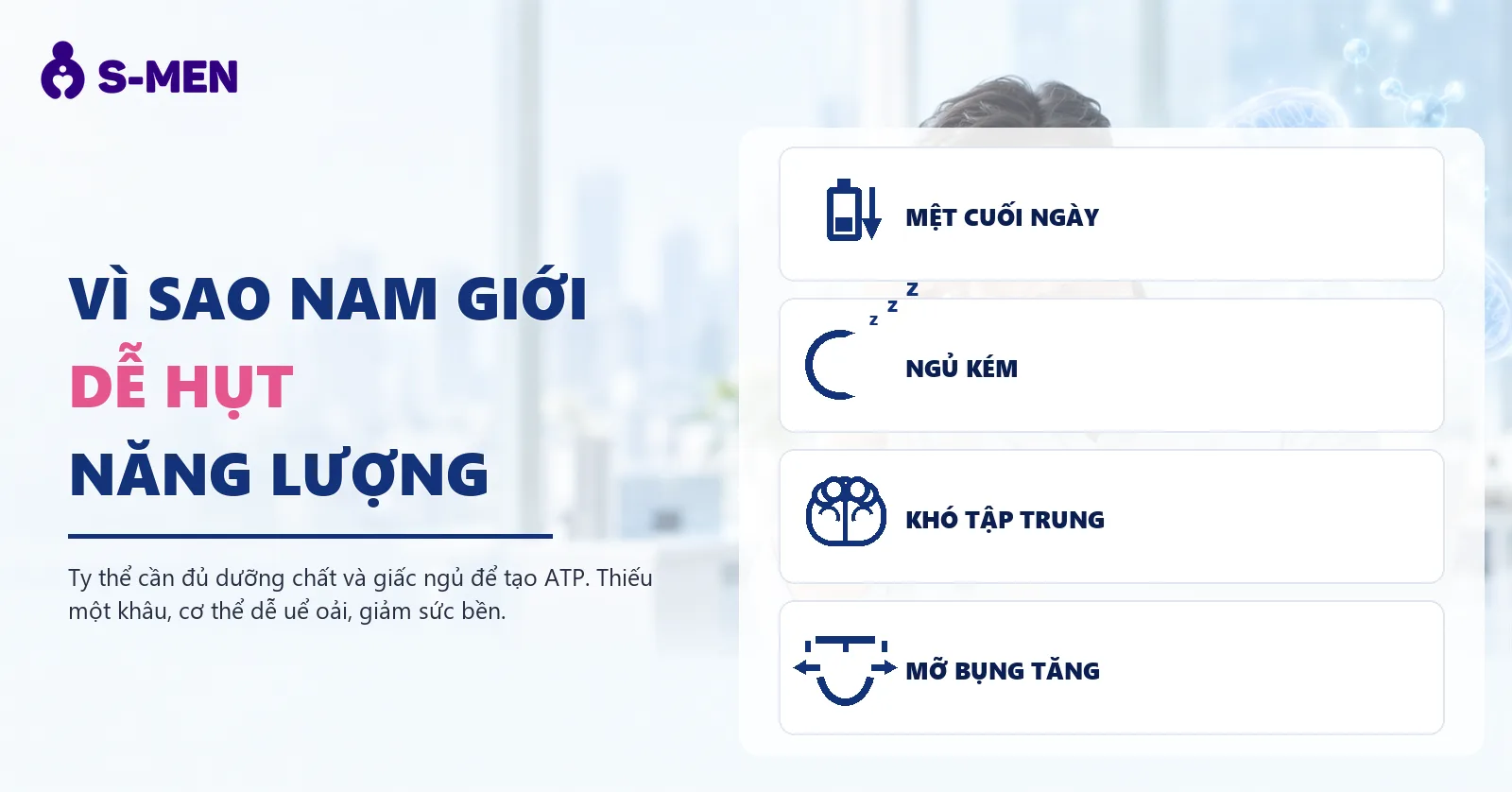 người đàn ông mệt mỏi bên laptop, đồ hoạ ty thể ATP mờ phía sau