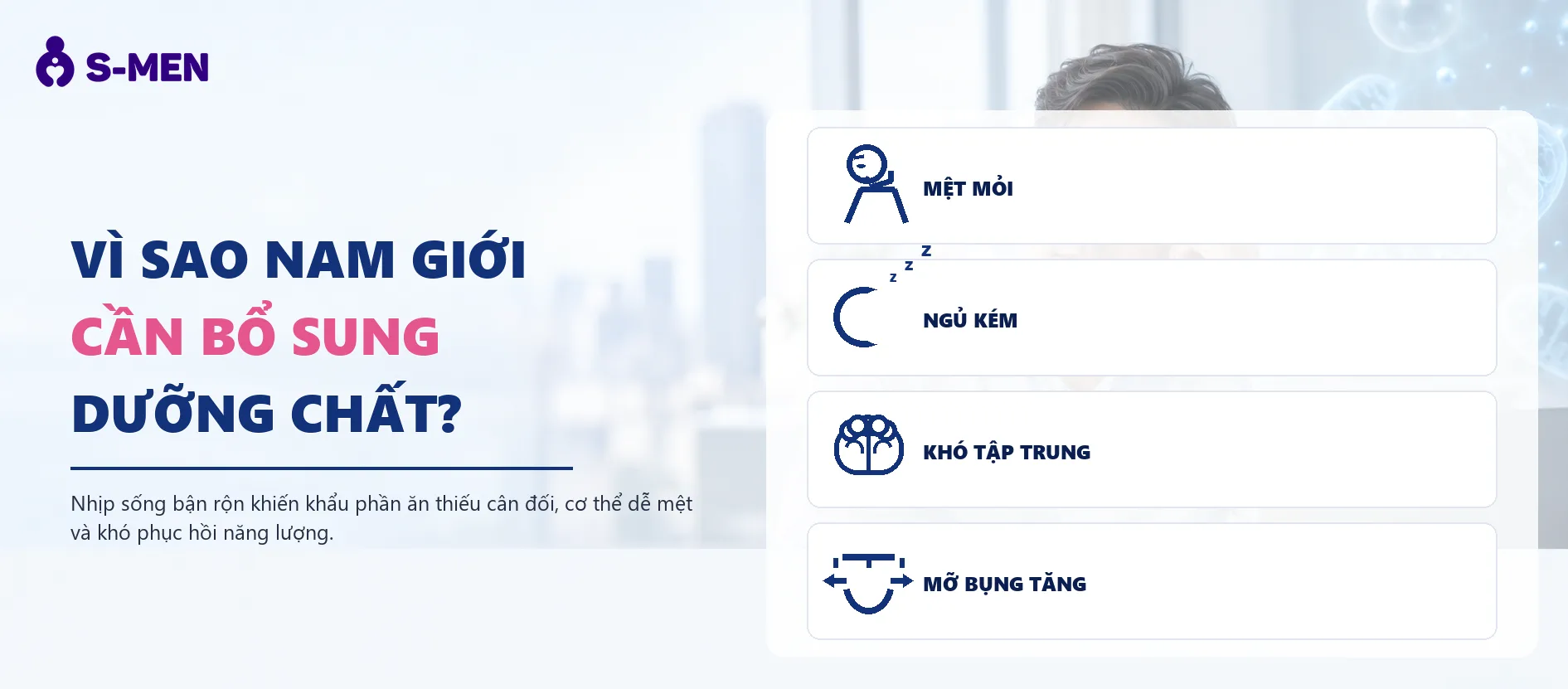Người đàn ông mệt mỏi bên laptop, đồ hoạ ty thể ATP mờ phía sau