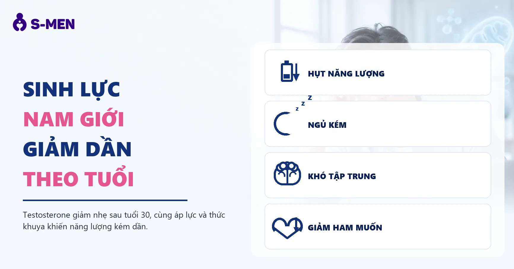 người đàn ông mệt mỏi bên laptop, đồ họa ty thể ATP mờ phía sau