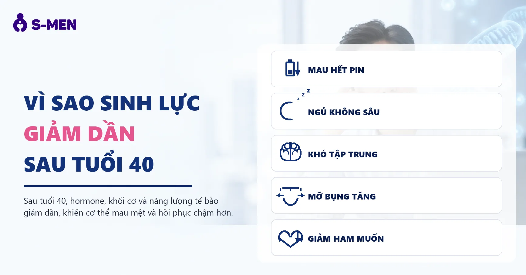 đàn ông mệt mỏi bên laptop, đồ hoạ ty thể ATP mờ