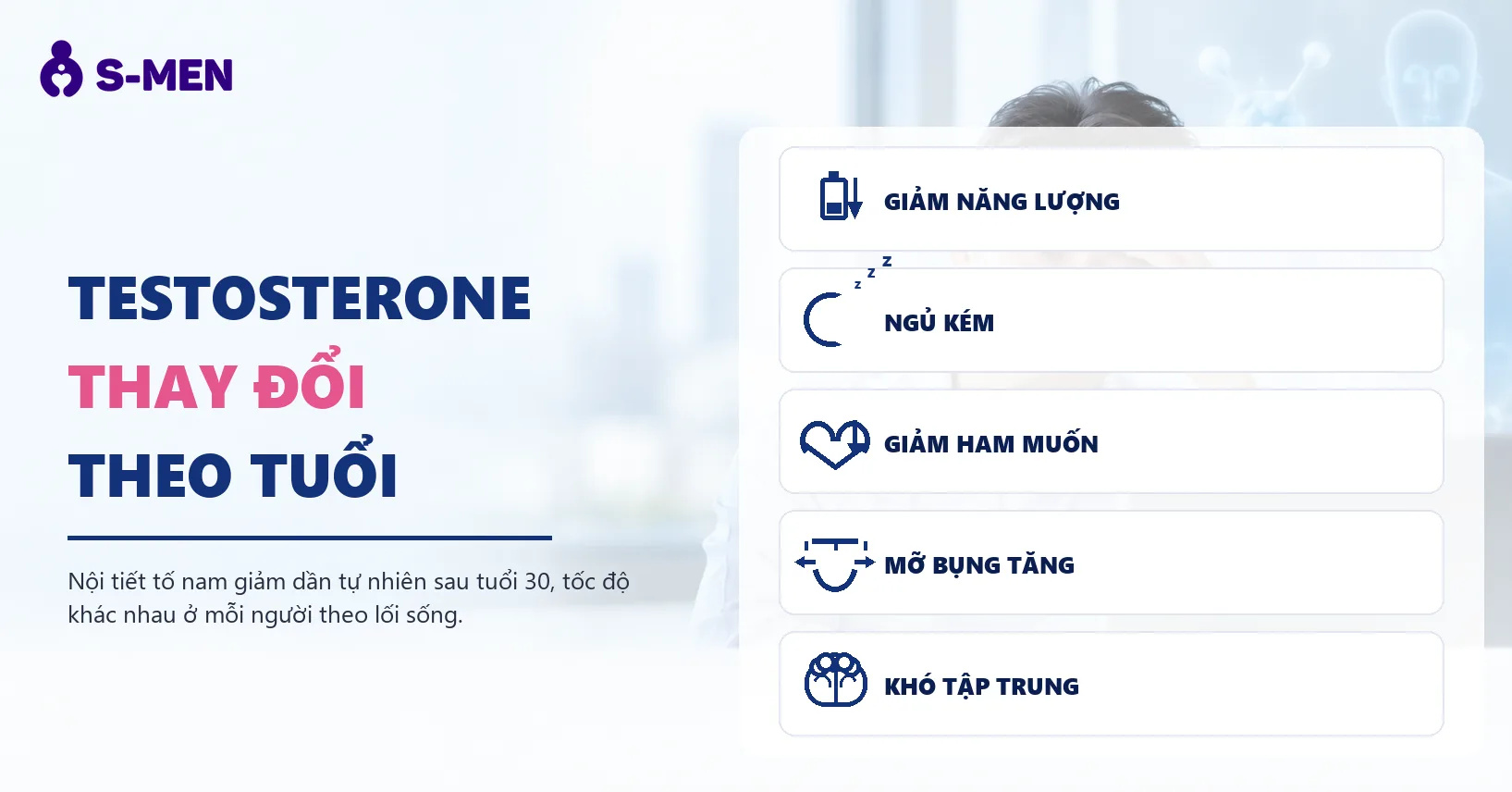 người đàn ông mệt mỏi bên laptop, đồ hoạ nội tiết tố mờ phía sau