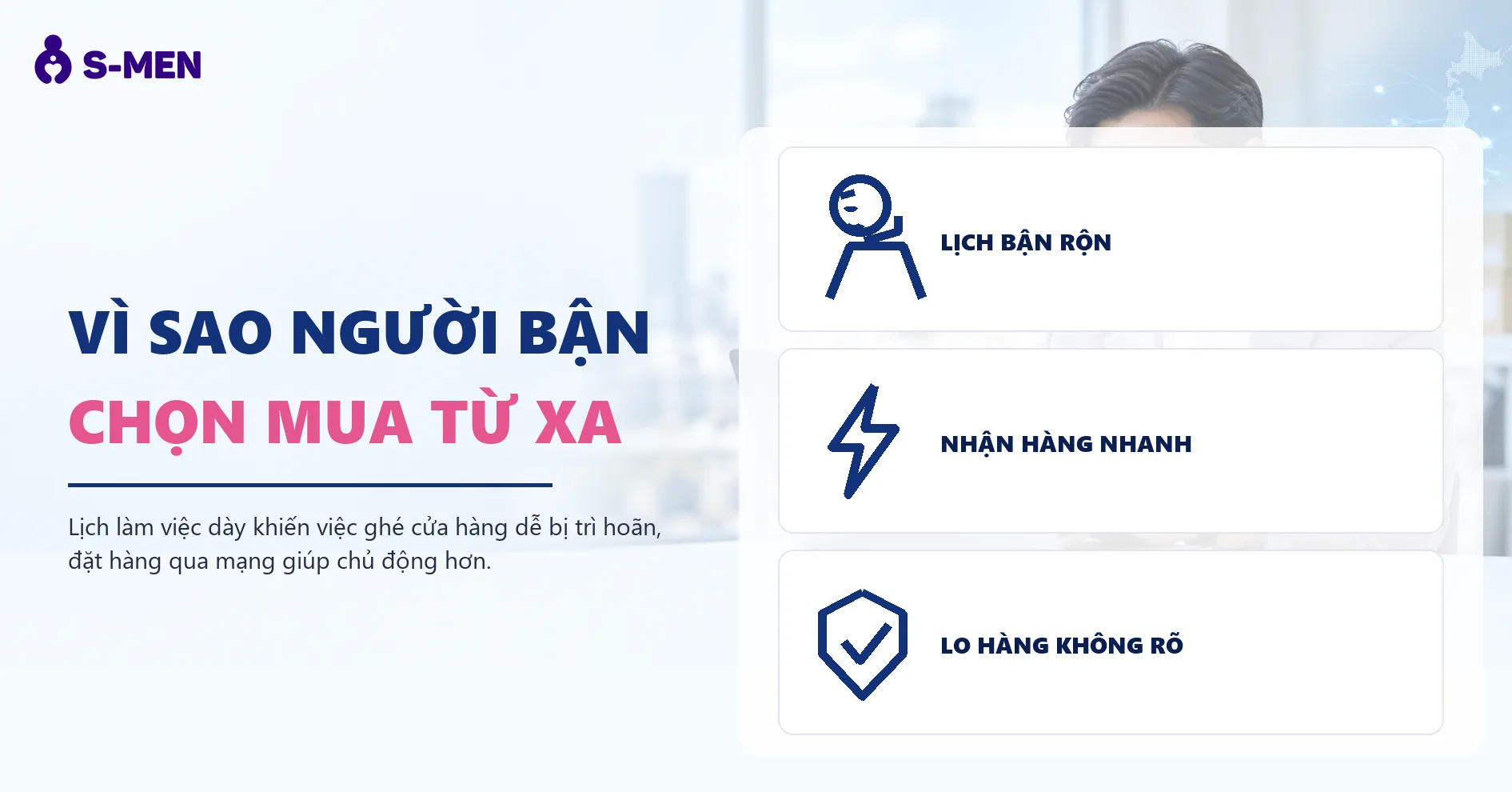 người đàn ông bận rộn bên laptop, đồ hoạ hộp giao hàng mờ phía sau