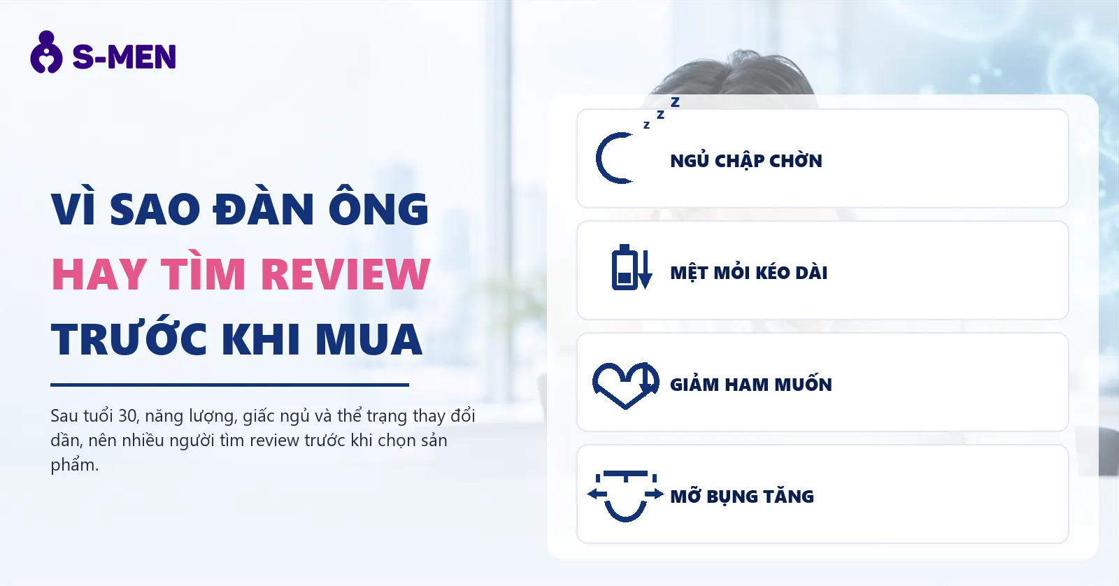 người đàn ông mệt mỏi bên laptop, đồ hoạ ty thể ATP mờ phía sau