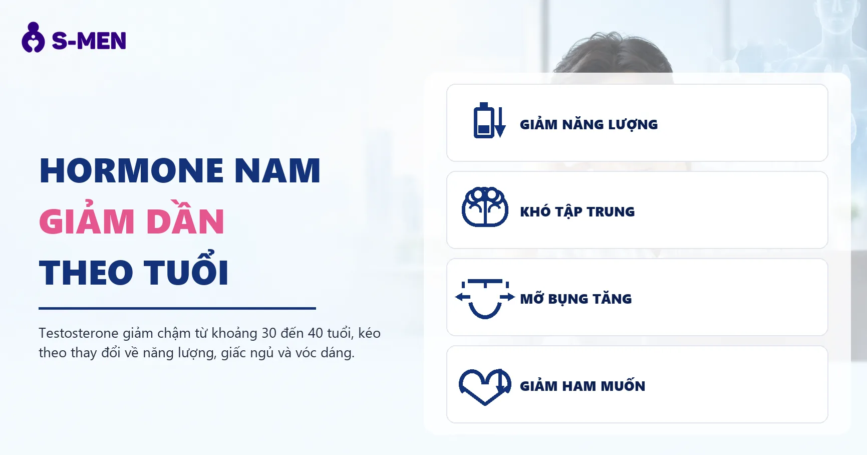 người đàn ông mệt mỏi bên laptop, đồ hoạ nội tiết mờ phía sau