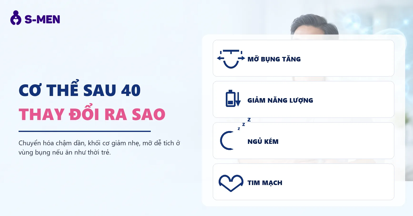 Người đàn ông trung niên xoa vùng bụng, đồ họa ty thể ATP mờ phía sau
