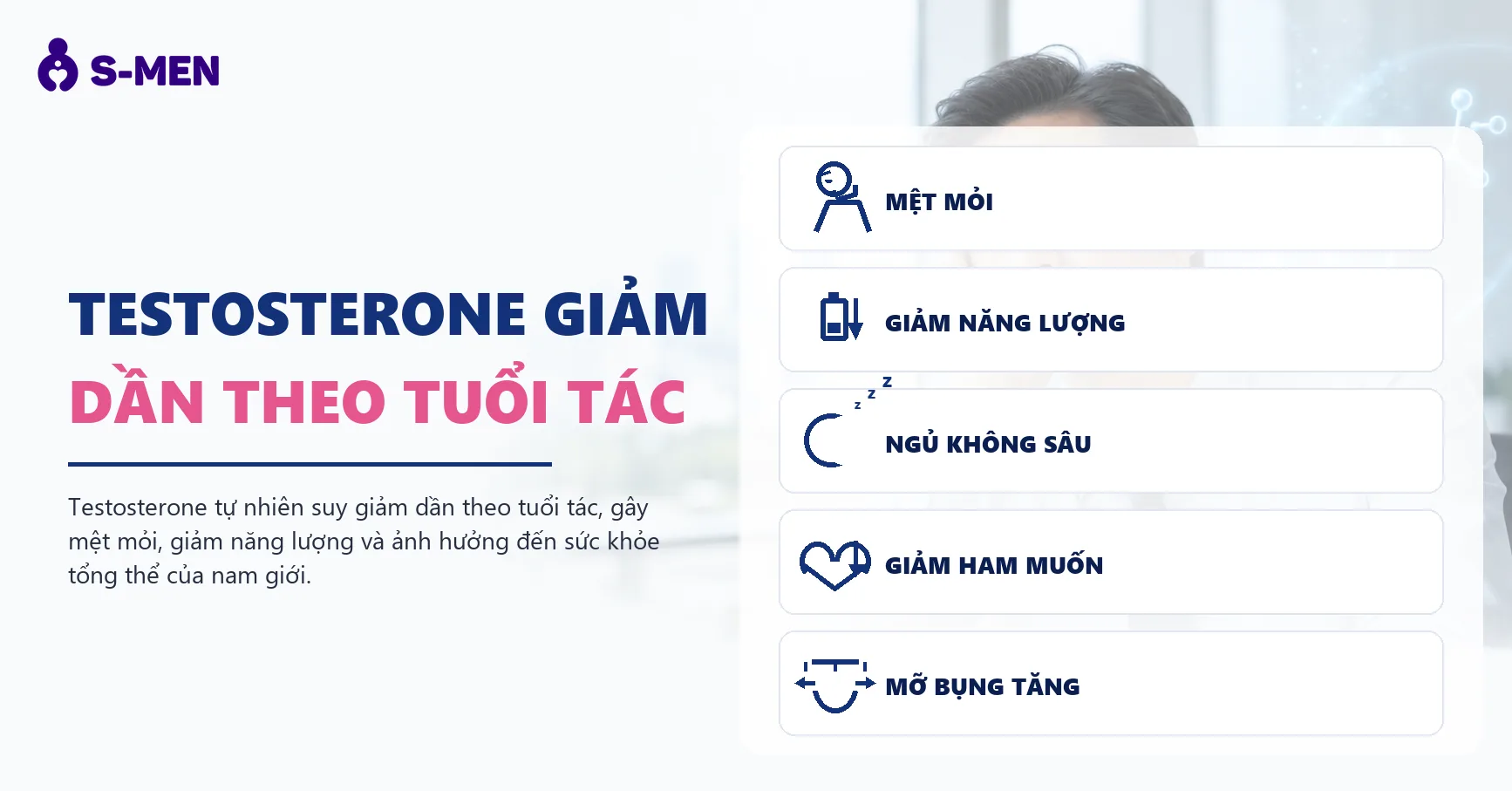 Người đàn ông mệt mỏi văn phòng, đồ hoạ hormone testosterone mờ phía sau
