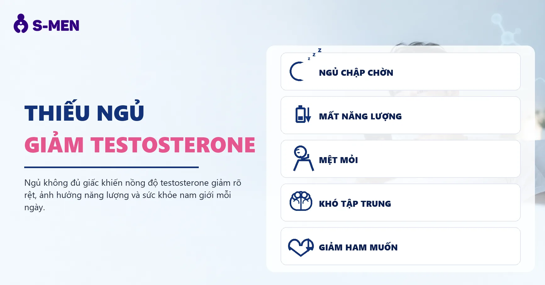 Người đàn ông mệt mỏi thức khuya bên điện thoại, đồ hoạ nội tiết tố mờ phía sau