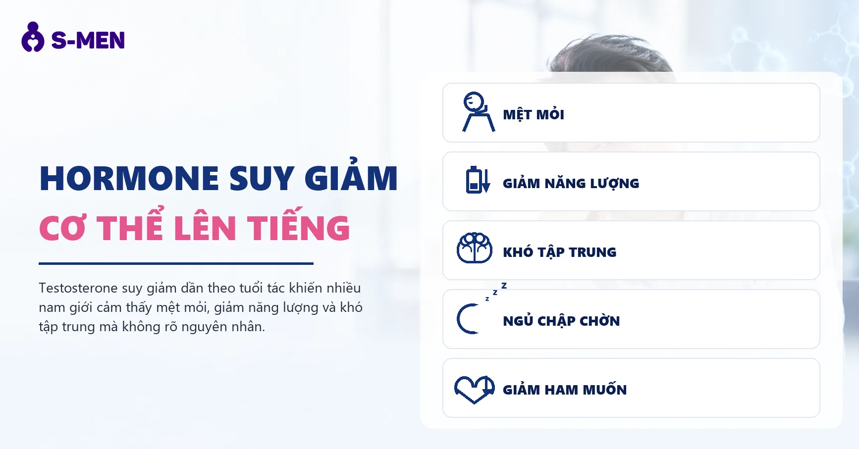 Người đàn ông mệt mỏi, đồ hoạ phân tử hormone mờ phía sau