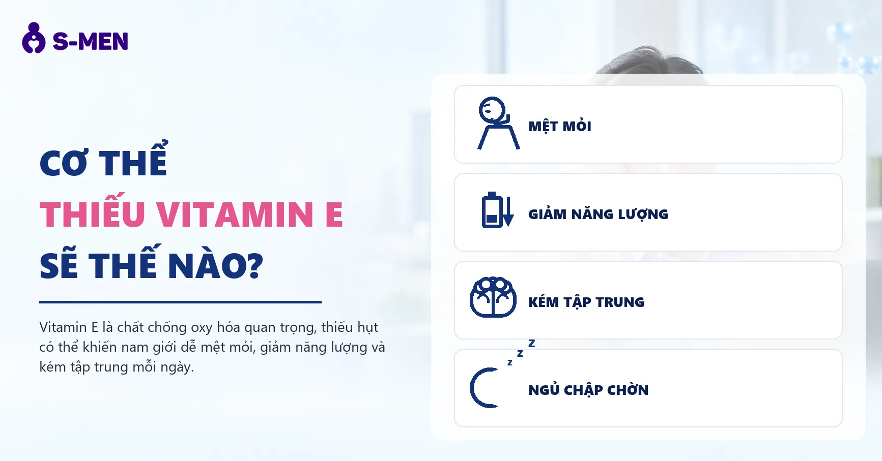 Người đàn ông mệt mỏi bên laptop, đồ họa phân tử mờ phía sau