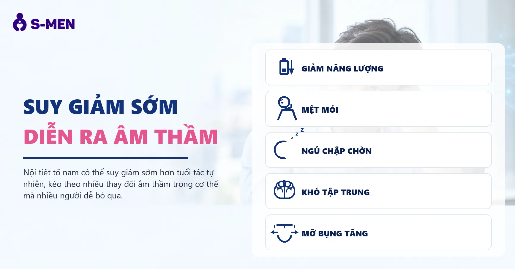 Người đàn ông mệt mỏi bên bàn làm việc, đồ họa năng lượng mờ