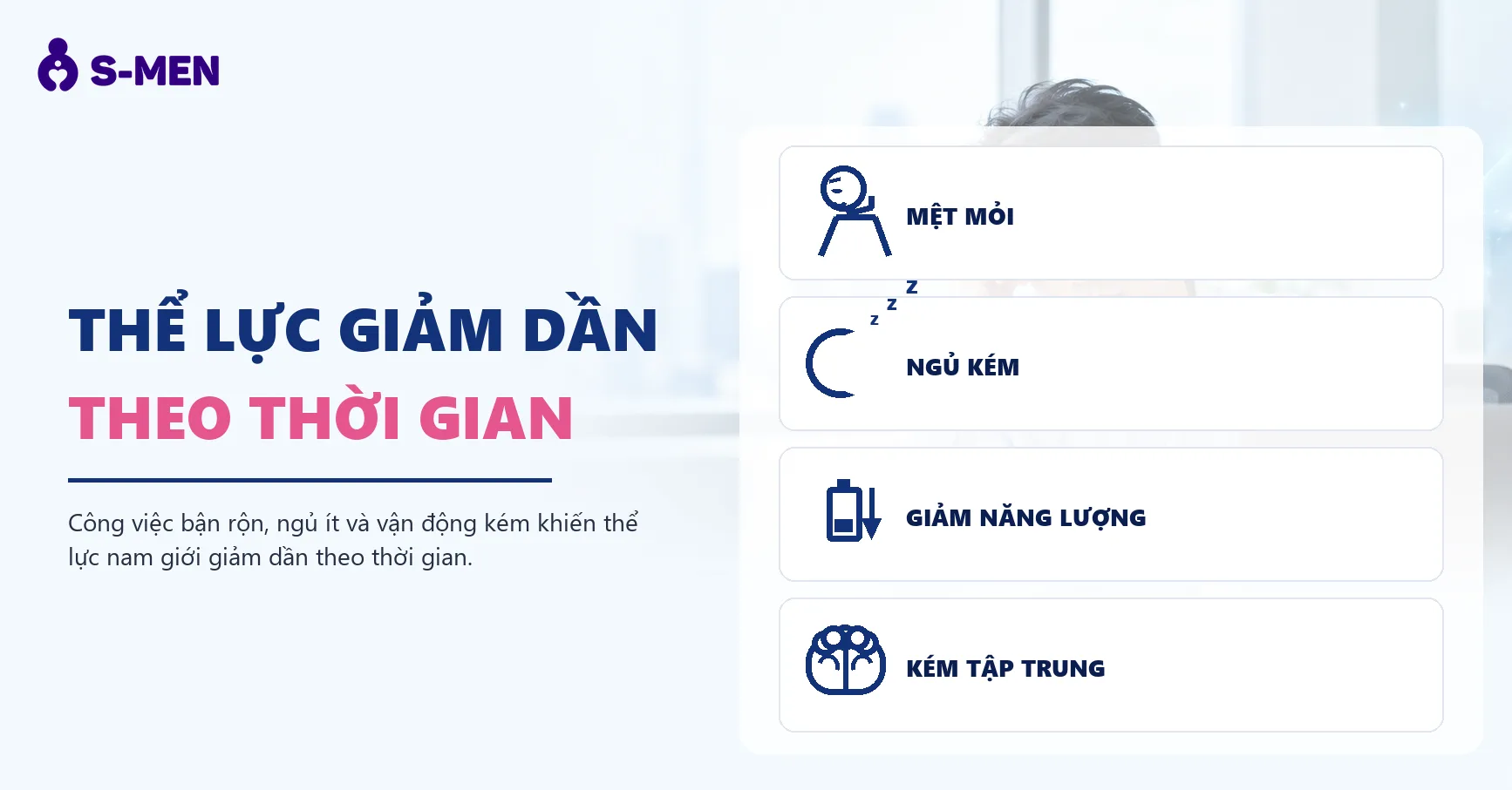 Người đàn ông mệt mỏi bên bàn làm việc, đồ họa năng lượng mờ phía sau
