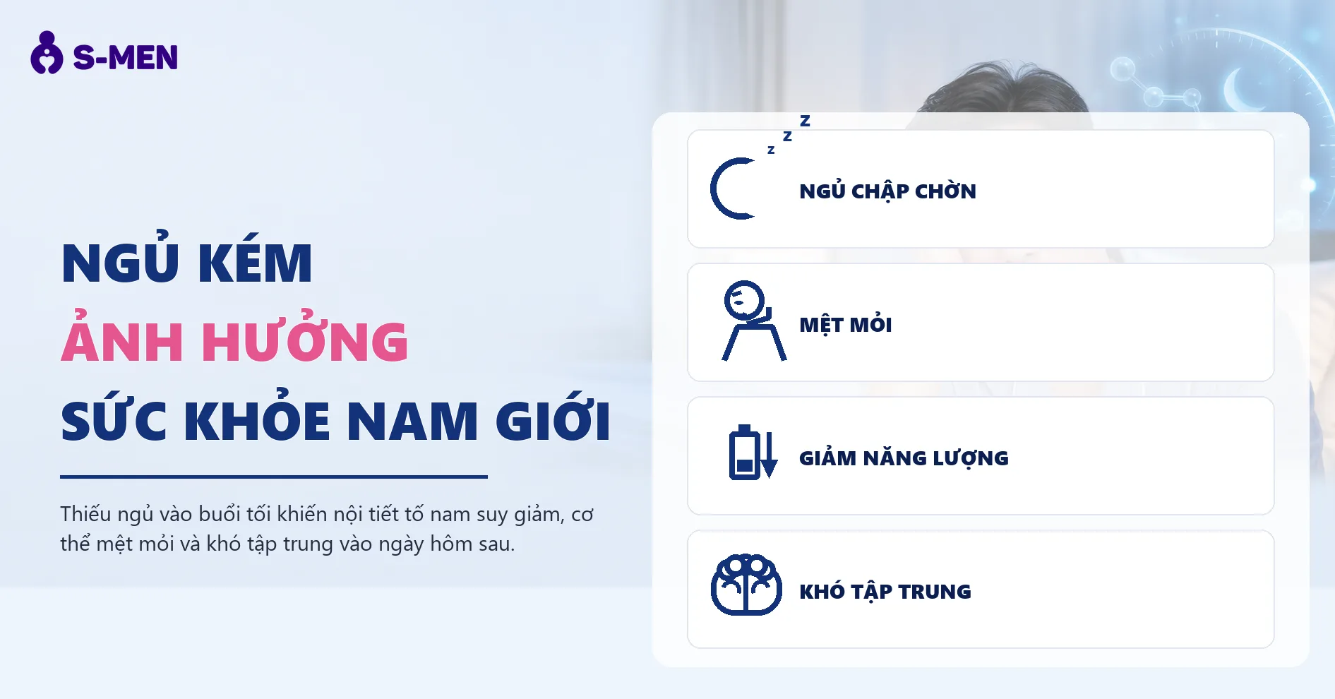 Người đàn ông mệt mỏi bên giường ngủ, đồ họa melatonin mờ phía sau