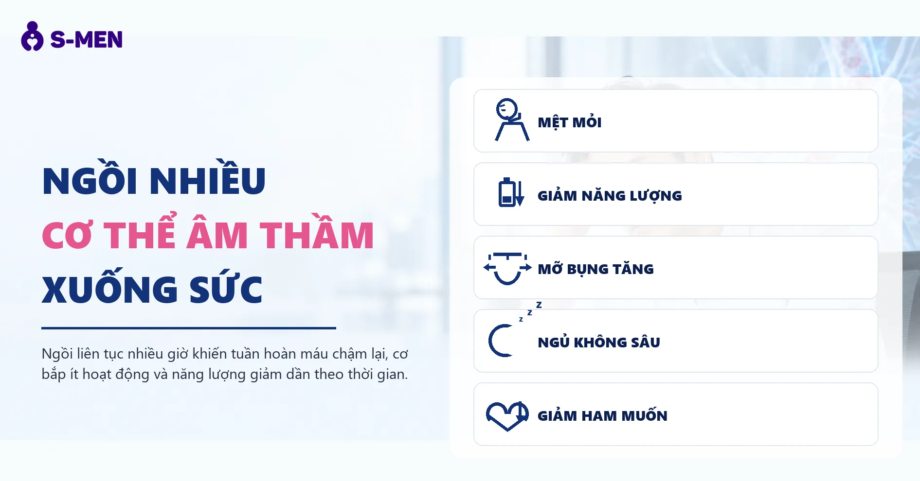 Người đàn ông mệt mỏi bên bàn làm việc, đồ họa tuần hoàn máu mờ phía sau