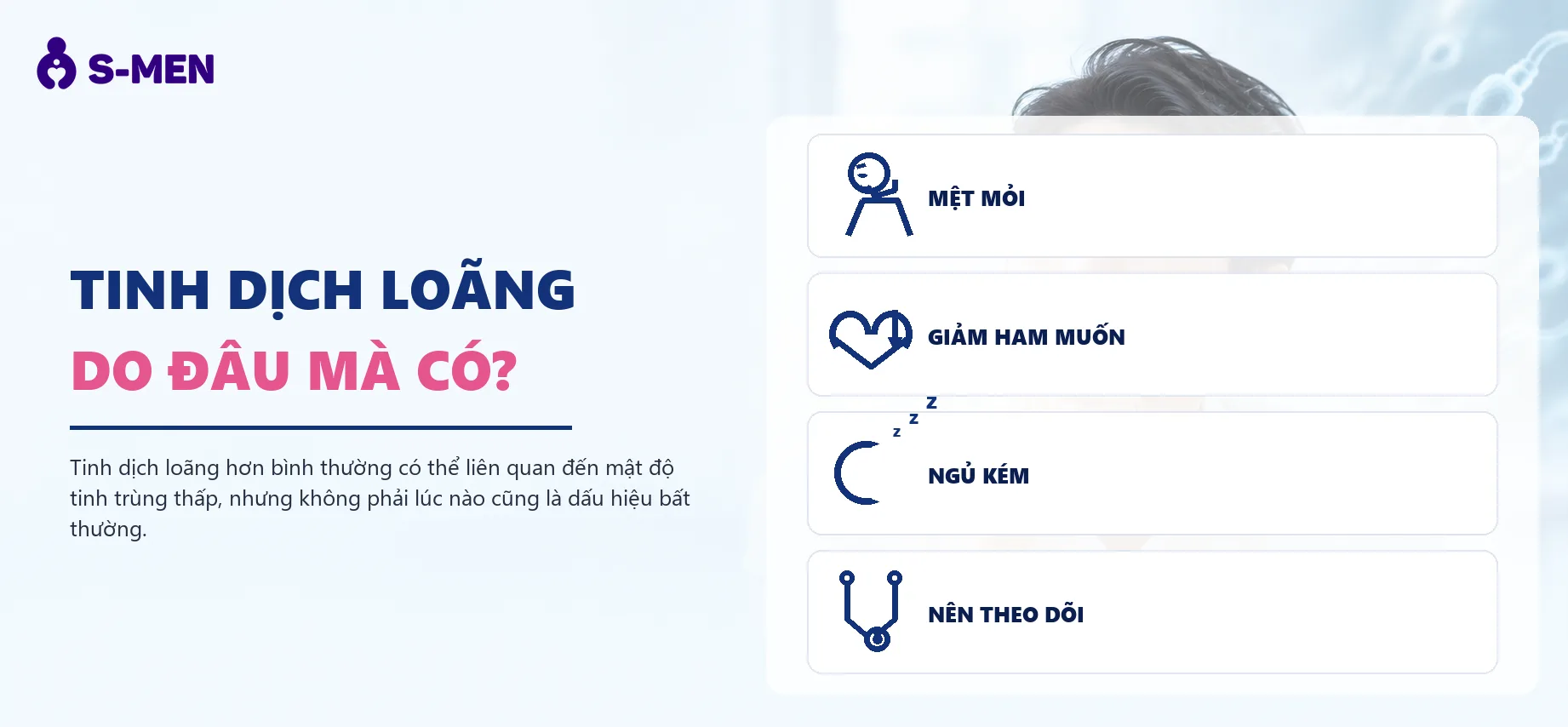 Người đàn ông trầm tư, đồ họa tế bào tinh trùng mờ phía sau