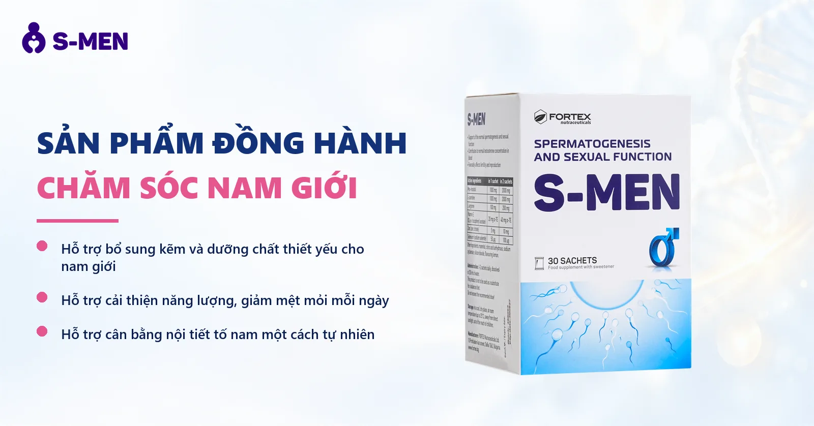Nền sáng, quầng năng lượng vàng và chuỗi DNA mờ bên phải