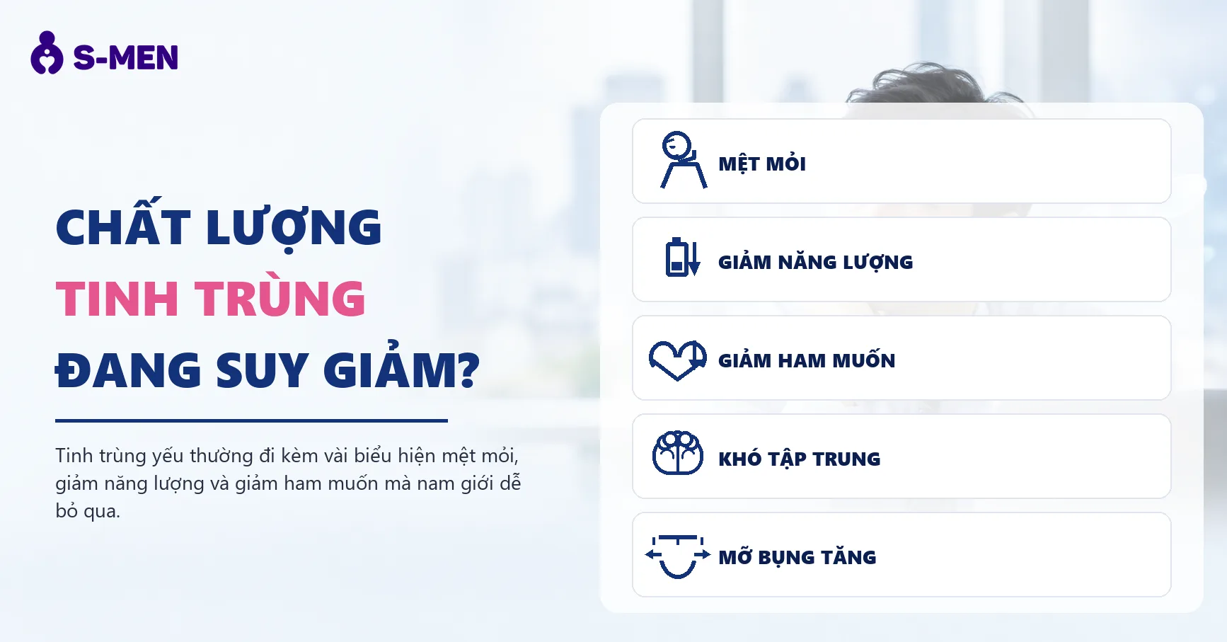 Người đàn ông mệt mỏi bên laptop, đồ hoạ tinh trùng mờ phía sau