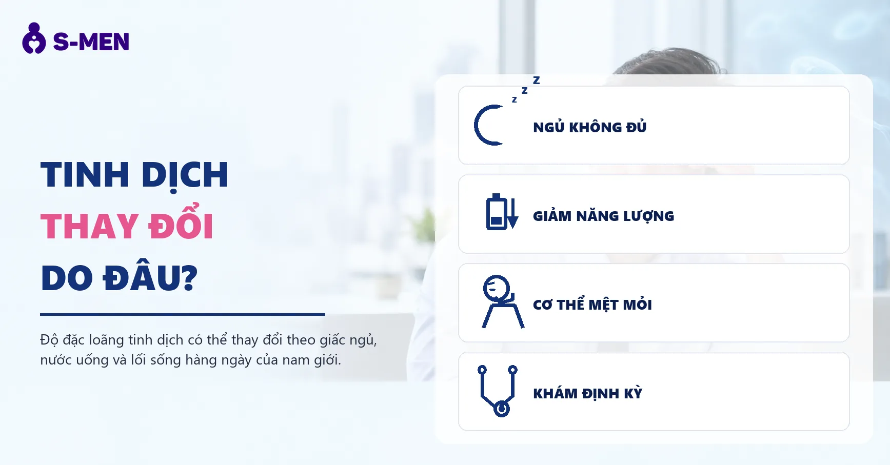 Người đàn ông mệt mỏi bên bàn làm việc, đồ hoạ tinh trùng mờ phía sau