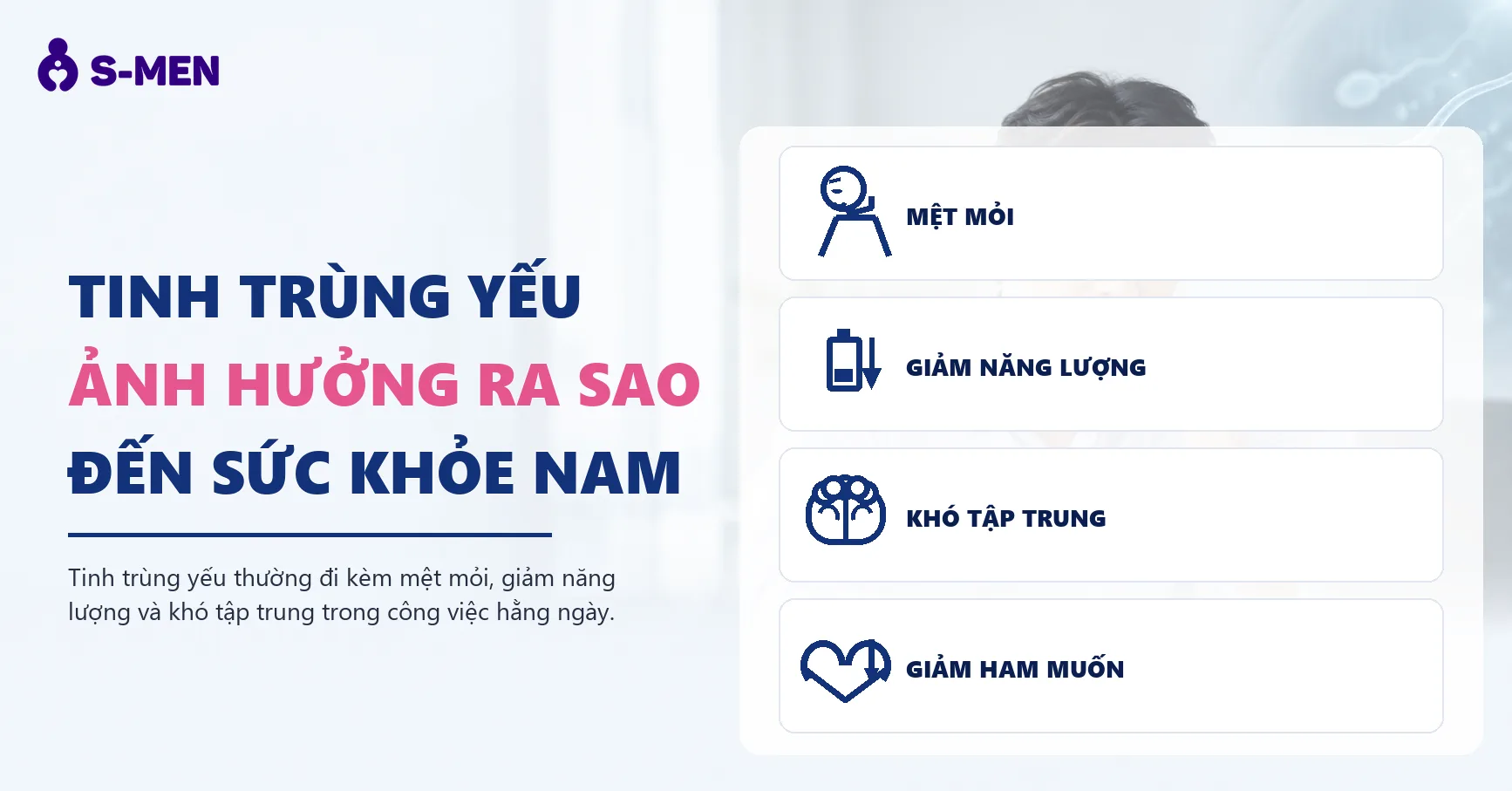 Người đàn ông mệt mỏi bên laptop, đồ hoạ tinh trùng mờ phía sau